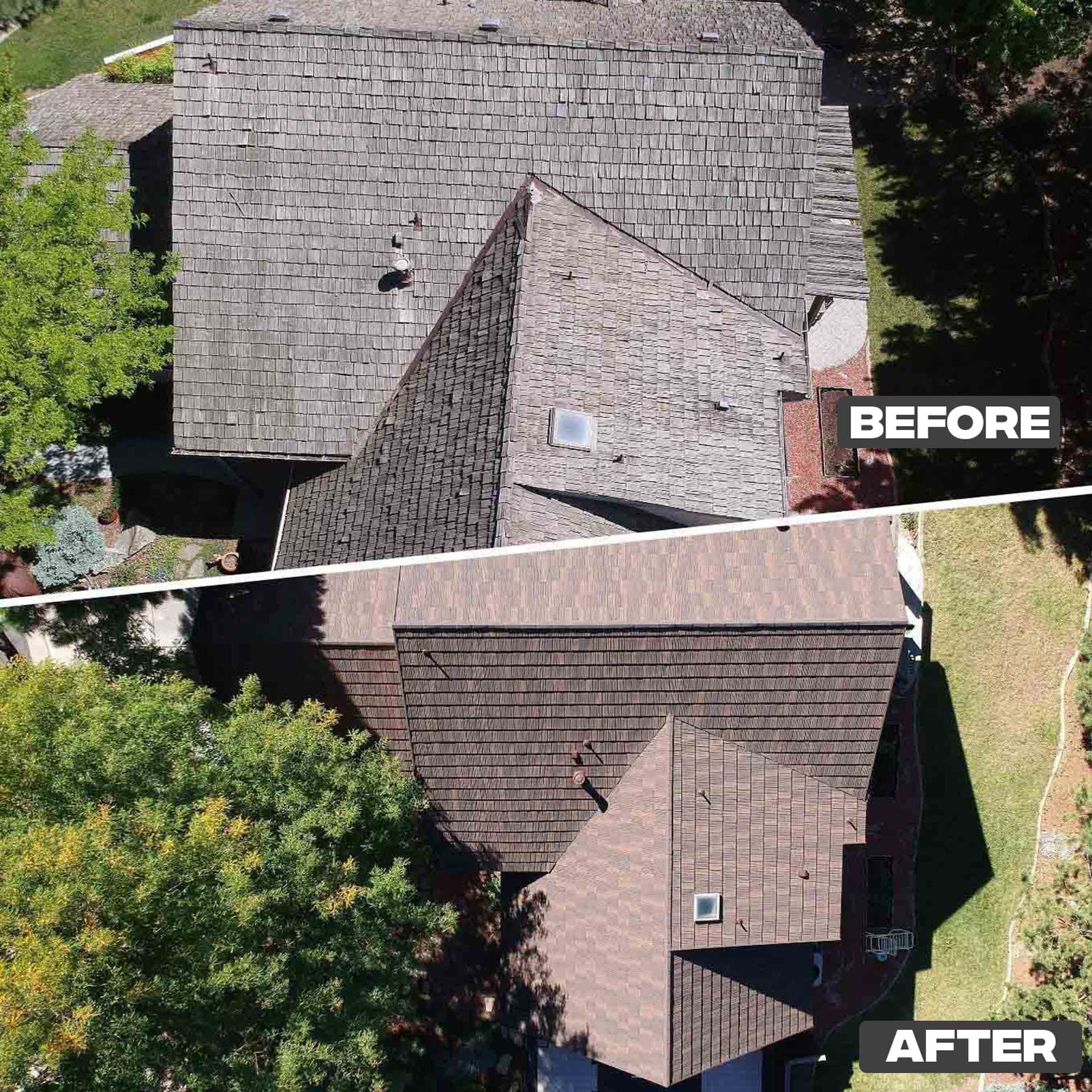 CF Shake, Barkwood, Before and After, Reroof, Wood Shake Replacement